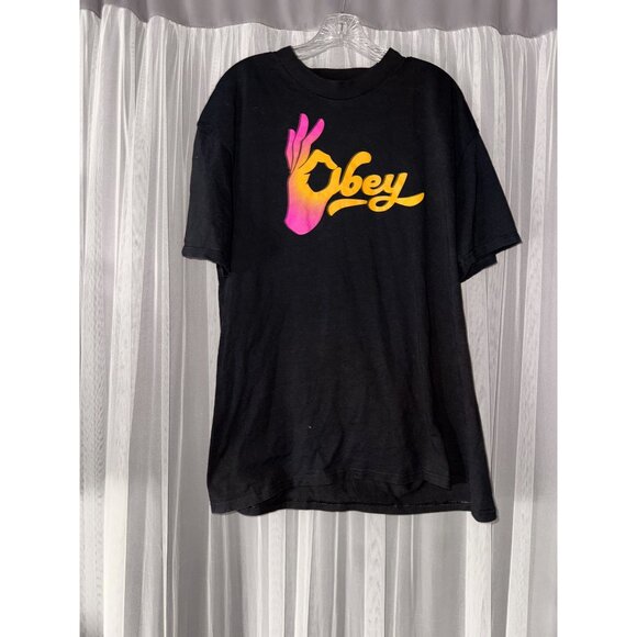 Obey Mens Black Graphic T-Shirt With Gradient Hand Logo XL - Picture 1 of 4